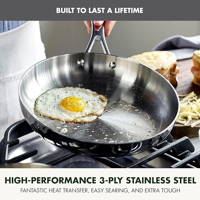 GreenPan Valencia Tri-Ply Stainless Steel 12" Frying Pan, Induction Ready Skillet, Mirror Finish, Dishwasher Safe & Oven/Broiler Safe to 600F, Compatible with All Cooktops, Silver