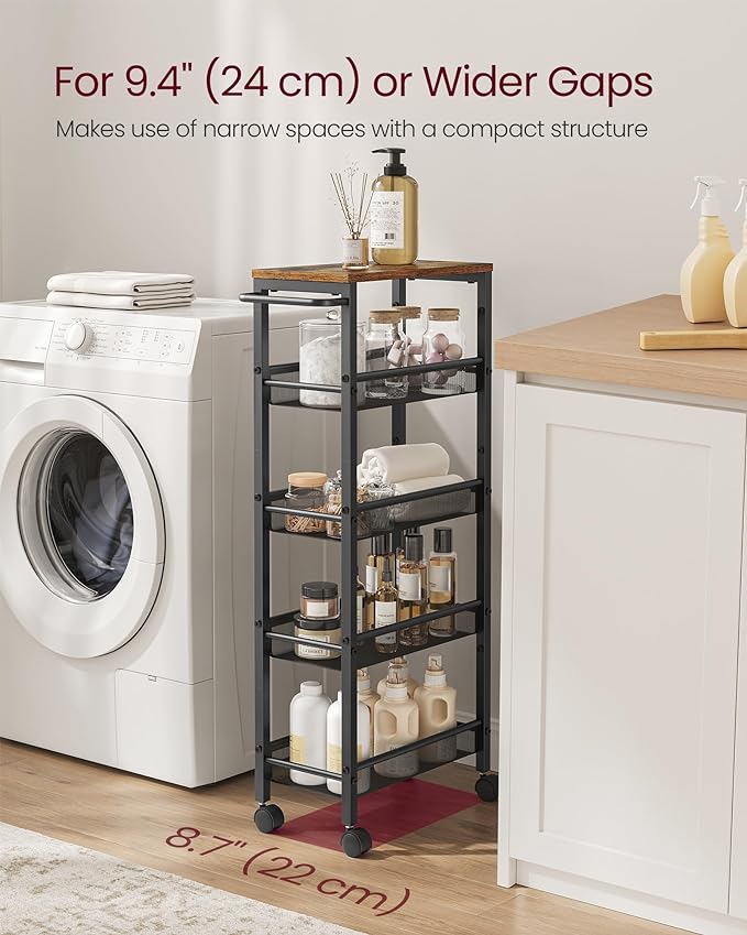 VASAGLE Slim Rolling Cart, 5-Tier Storage Cart, Narrow Cart with Handle, 8.7 Inches Deep, Metal Frame, for Kitchen, Dining Room, Living Room, Home Office, Rustic Brown and Classic Black ULRC035B01