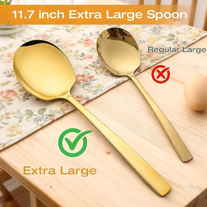 Extra Large Serving Spoons Set 11.7-Inch Gold Serving Slotted Spoon x 3 Serving Spoon x 3, 18/8 Stainless Steel Big Serving Utensil for Buffet, Parties, Catering - Dishwasher Safe(6-Pack, Gold)