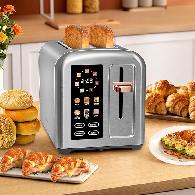 SEEDEEM Toaster 2 Slice, Touch Control Stainless Toaster LCD Display, 50% Faster Heating Speed, 1.4'' Wide Slots, More Timer Functions, Removable Crumb Tray, 1350W, Silver White