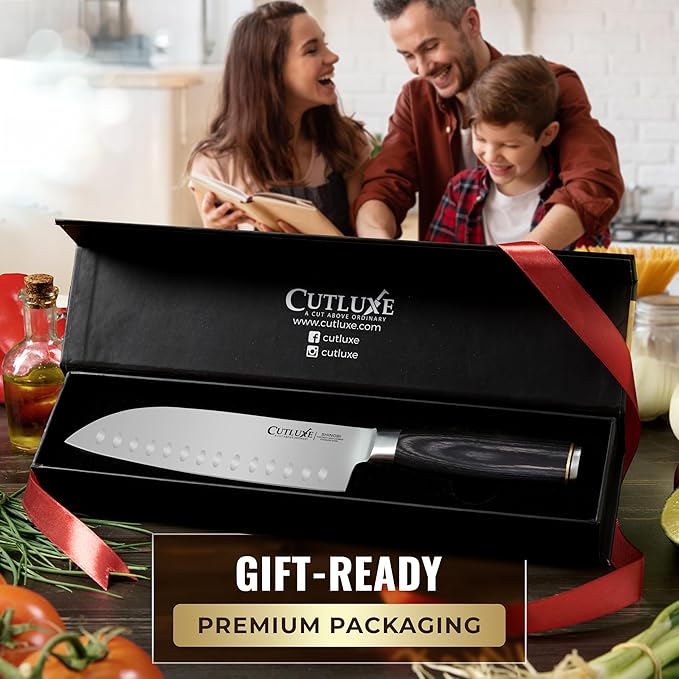 Cutluxe Santoku Knife – Ultra Sharp 7 Inch Vegetable Japanese Knife for Chopping, High Carbon Stainless Steel Blade, Full Tang Pakkawood Handle – Shinobi Series