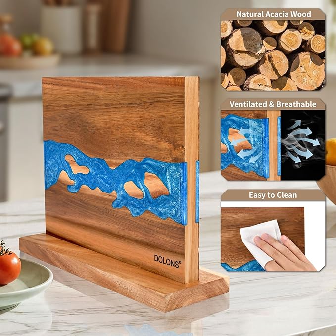 Magnetic Knife Block, Thickened Acacia Wood Resin Kitchen Knife Holder Stand with Strong Magnets, Multifunctional Double Side Knife Storage Organizer for Kitchen Counter