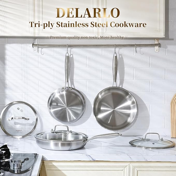 DELARLO Tri-ply Stainless Steel Frying Pan Set with Lid 8" 12" Induction large Skillets Chef's Pan,Pots and Pans Set Kitchen Cookware Set Suitable for All Stove