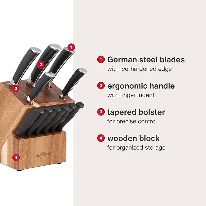 Zyliss Comfort Pro 12-Piece Cutlery Block Set - German Stainless Steel Kitchen Knife Set - Dishwasher Safe Knife Set & Acacia Knife Storage Block - 12 Pieces