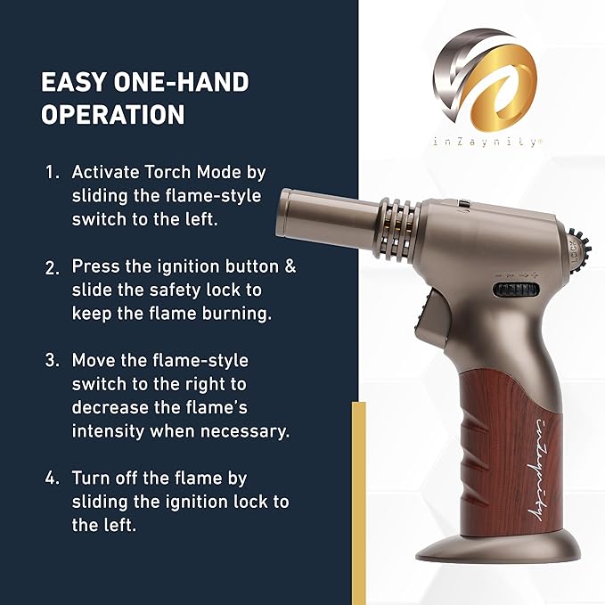 Dual Flame Butane Torch - Refillable Handheld Blow Torch for Cooking, Soldering, & Resin Art w/Adjustable Flame & Ignition Lock - Kitchen Blow Torch & Luxurious Gift Box by inZaynity - Brown Steel