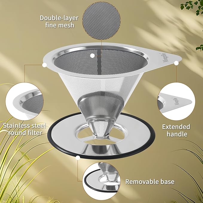 Mongdio Pour Over Coffee Dripper, Stainless Steel Coffee Dripper, Reusable Metal Coffee Filter, Double Mesh Design of Pour Over Coffee Maker, With Removable Base, 1-2 Cups