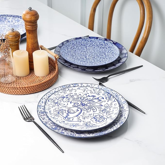 Selamica Ceramic Dinnerware Sets, 24 Pieces Dishes Set for 8, Embossed Plates and Bowls Sets for Holiday Celebrations, Dishwasher & Microwave Safe, Dark Blue