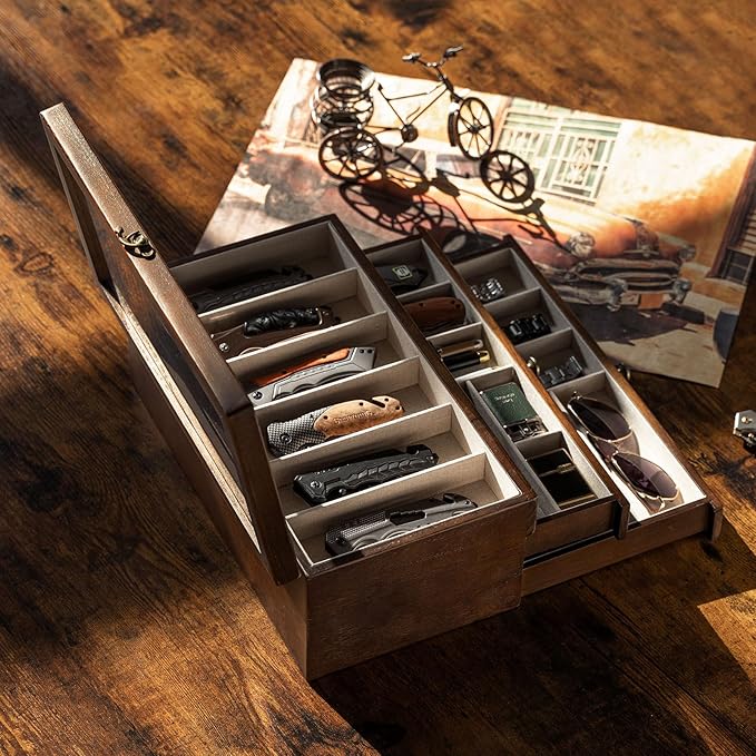 Knives Display Box, 3-Layer Pocket Knives Box Display & Storage Knives, Solid Wood Knives Box for Collections, Gift for Boyfriend Fathers Day Birthday Gifts(Walnut)