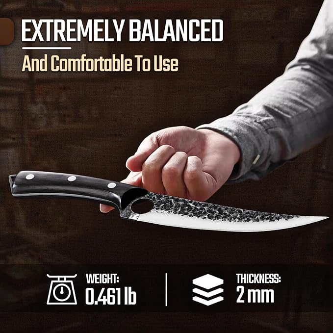 Huusk Viking Boning Knife 6 inch, Japanese Boning Knives for Meat Cutting, Full Tang Fillet Knives with Sheath, Brisket Trimming Knives for BBQ, Camping, Ideal Gift