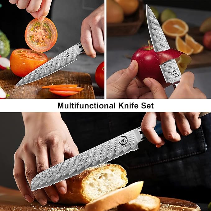5 Piece Damascus Knife Set, Professional Japanese Knife Set with Japanese VG 10 Steel Core, Blue Resin Handle, Includes Chef, Santoku, Bread, Boning & Paring Damascus Knives in Gift Box