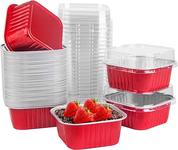 50 Pcs Mini Square Baking Cups with Lids,5oz Aluminum Foil Mini Cake Pans with Lids,Disposable Ramekins Cake Pans,150ml Dessert Cups Cupcake Pans for Wedding Birthday Party,Red