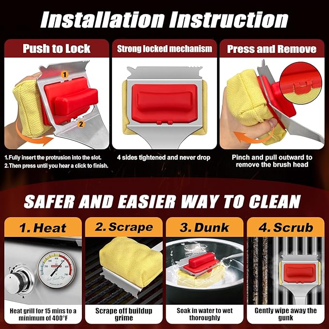 Steam Safe Grill Cleaning Brush Bristle Free for Outdoor Grill with 15" Extended Handle, 3X Thick Aramid Fabric Replaceable Brush Heads, Heavy Duty Triple-Groove Scraper Design for All Grates, Red