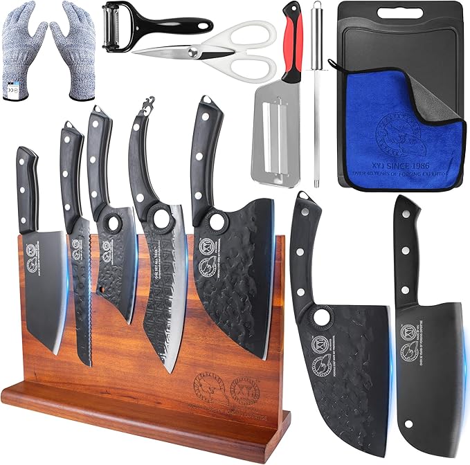 XYJ Knife Block Set, Full Tang Kitchen Knives Set with Block, Sharpening Stick, Chopping Board, Scissors, Mini Knife, Gloves, Cleaning Cloth, Pakkawood Handle Knives