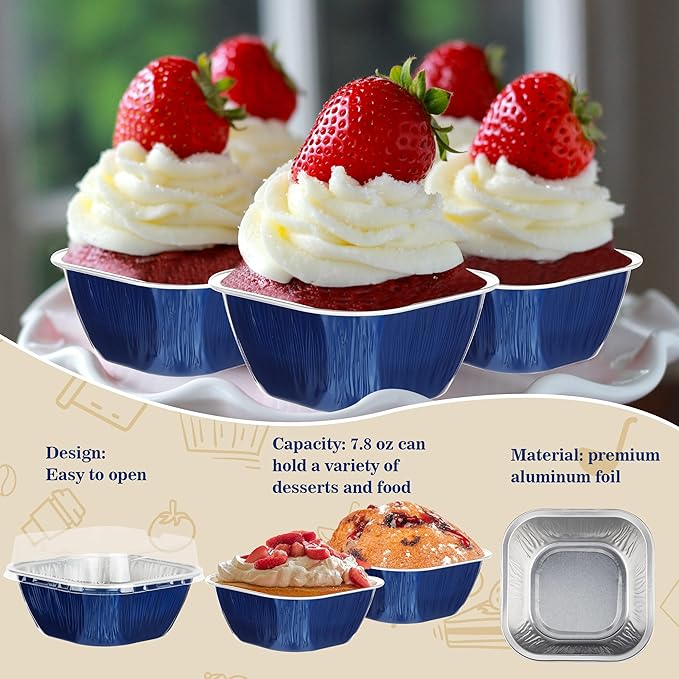 30PCS 7.8OZ Mini Cake Pans with Lids - Individual Cupcake Containers for Birthday Party, Navy Blue