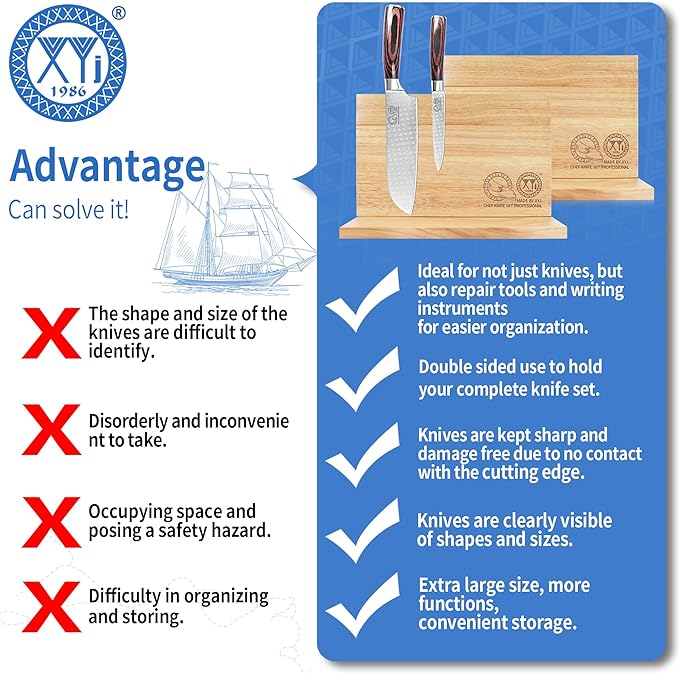 XYJ Authentic Since 1986, Magnetic Knife Block, Double Side Kitchen Knife Holder, Natural Wood, Knife Cutlery Display Stand, Organizer Storage Rack for Home Kitchen