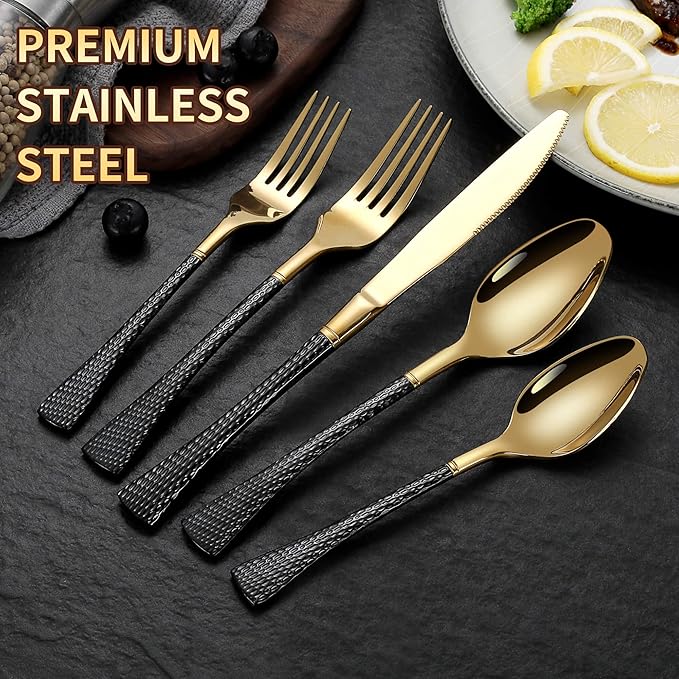 Lemeya Hammered Black Gold Silverware Set,20 Piece Modern Flatware Set Service for 4,Mirror Polished Stainless Steel Cutlery Set Utensil Set Tableware Set,Kitchen Knives Fork Spoon Set,Dishwasher Safe
