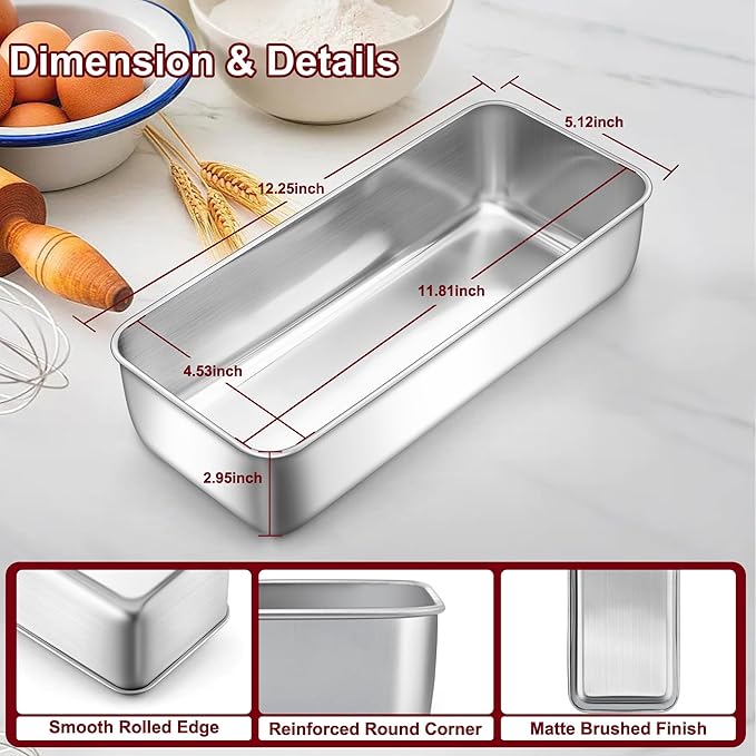 LIANYU 2 Pack Large Baking Loaf Pans Set, 12x5 Inch Stainless Steel Bread Pans, Metal Bakeware Set for Meatloaf, Sourdough Bread, Brownies, Healthy & Sturdy, Dishwasher & Oven Safe