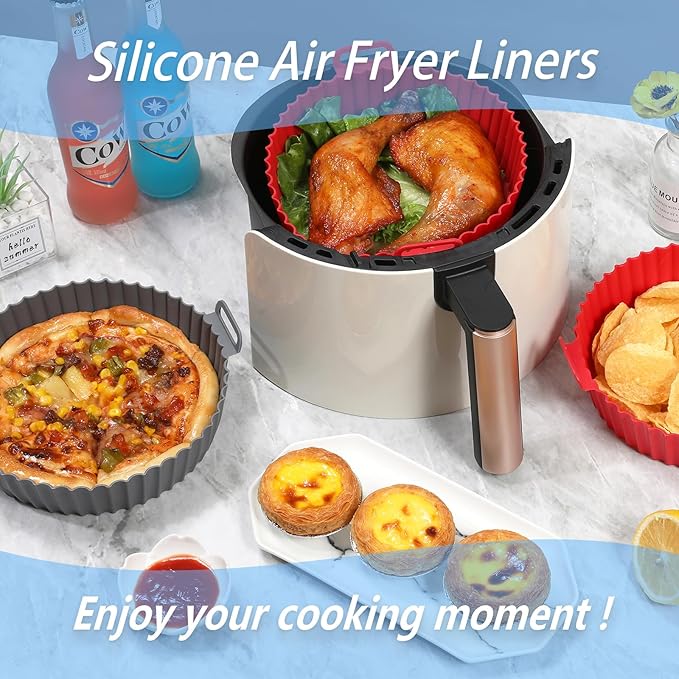 Silicone Liners, Pot 2 Pcs Reusable Non-Stick Air Fryer Basket Bowl Fit 3-5QT Baking Replacement of Flammable Parchment Paper(Round, 6.5 Inch)