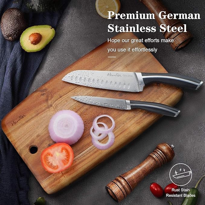 Harriet Knife Set - 7 Pieces Kitchen Knife Set with Cutting Board & Sharpener, High-Carbon Stainless Steel Knife Block Set, Chef Knife Set with Acacia Wood Knife Block