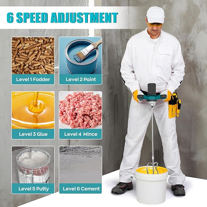 IMAYCC Cordless Cement Mixer, Portable Concrete Mixer,21V 6 Speed Mixing Drill, 1000W Drill Mixer for mud,Motar,Paint, Grout, Plaster,Thinset etc.