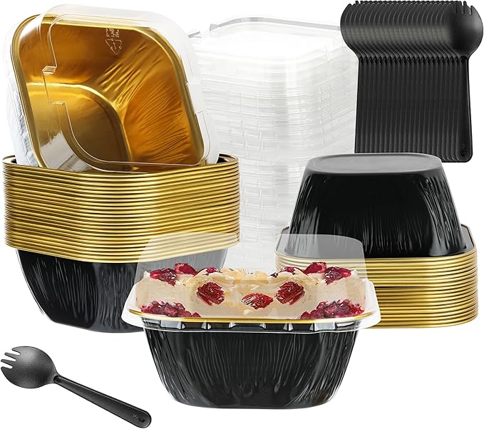 Aluminum Mini Cake Pans With Lids - 30PCS 7.8OZ Foil Baking Cups, Cupcake Liners, Individual Cheesecake Pans for Wedding - Black Gold