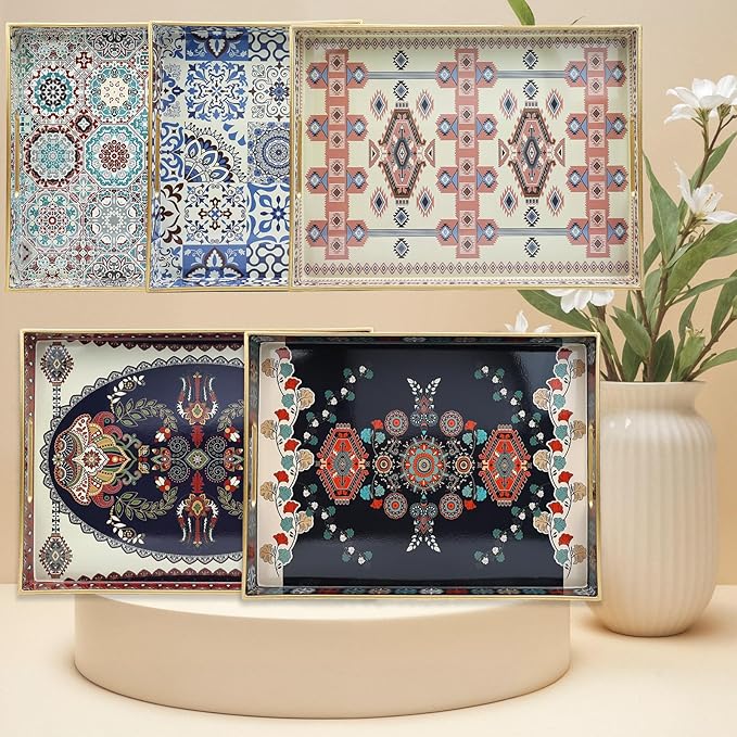 Spsyrine Decorative Serving Tray with Handles, Lacquered Coffee Table Tray for Ottoman, Rectangular Waterproof Platters for Centerpieces, Parties, Living Room, Kitchen Counter Organization SP3040RE1