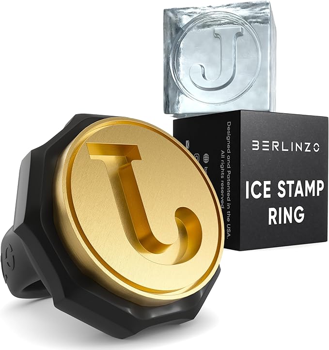 Berlinzo Ice Stamp Ring for Cube & Sphere - Custom Ice Cubes for Whiskey, Mojito Cocktails – J Letter Shaped Brass Ice Stamp j/ 3mm Depth - Black