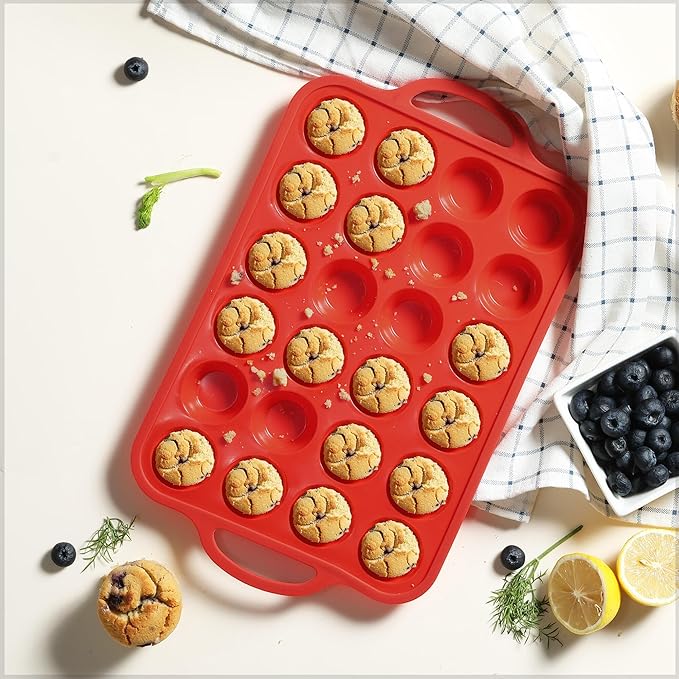 24 Cups Silicone Muffin Pan with Metal Reinforced Frame Mini Size Cupcake Pan Tray Egg Bites Silicone Circle Cookie Molds Muffin Tin Tart Pans Baking Sheet Set for Breakfast Sandwiches Round