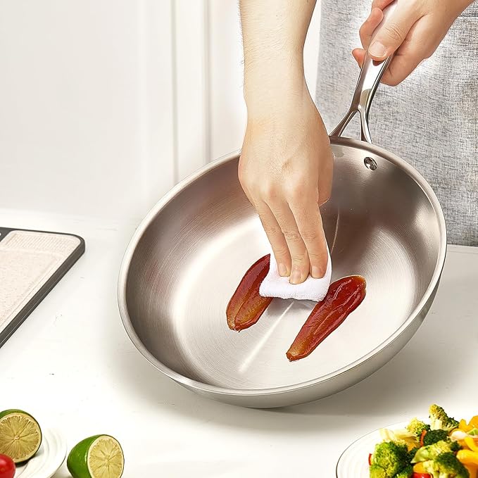 VEVOR Tri-Ply Stainless Steel Frying Pan, 3 Pcs Set (8, 10, 12 in), Cooking Skillet with Heat-Resistant Handle, Chef's Kitchen Cookware, Oven, Gas, Electric, Induction, Dishwasher Compatible, Silver