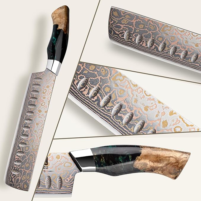 SHAN ZU Damascus Nakiri Knife 7 Inch, Japanese Kitchen Knives Copper & Damascus Steel High Carbon 33 Layer Hand Forged, Ultra Sharp Chef Knife Carving Knife with Maple Wood Handle