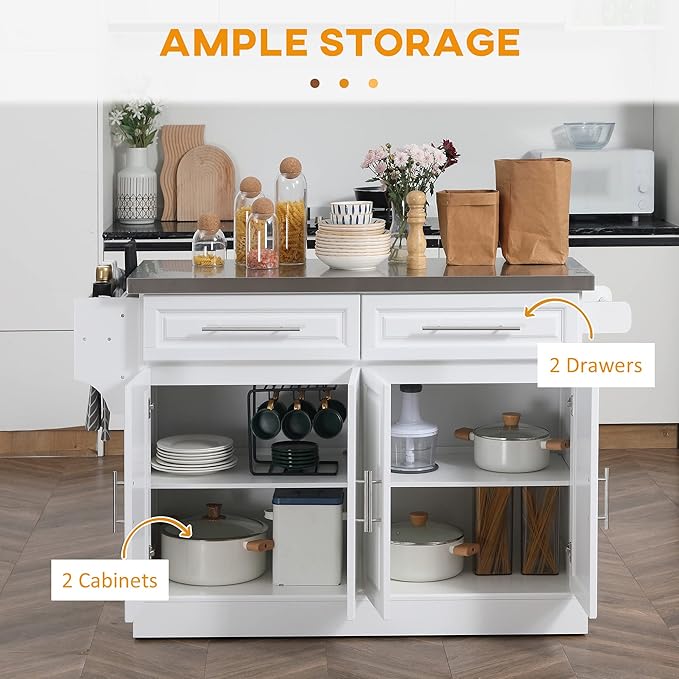 HOMCOM Rolling Kitchen Island Cart with Wheels, Portable Island Table for Kitchen with Stainless Steel Top, Adjustable Shelves, 2 Drawers, Spice, Knife and Towel Rack, White