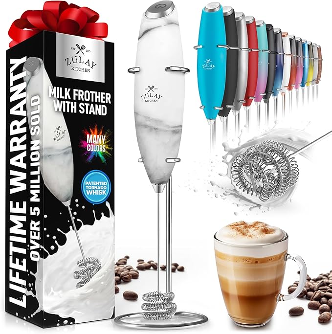 Zulay Kitchen Milk Frother with Patented Tornado Triple Whisk – Handheld Foam Maker for Coffee, Lattes, Matcha & Hot Chocolate – Rich, Creamy Froth in Seconds