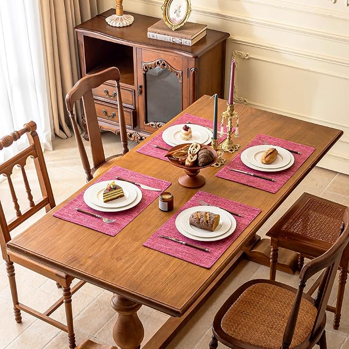 KXN Placemats Set of 8, Dual-Layer Thickened Faux Linen Table Mats, Heat Resistant & Wrinkle-Free, Machine Washable Cloth Place Mats for Kitchen Dining Indoor Outdoor (Pink)