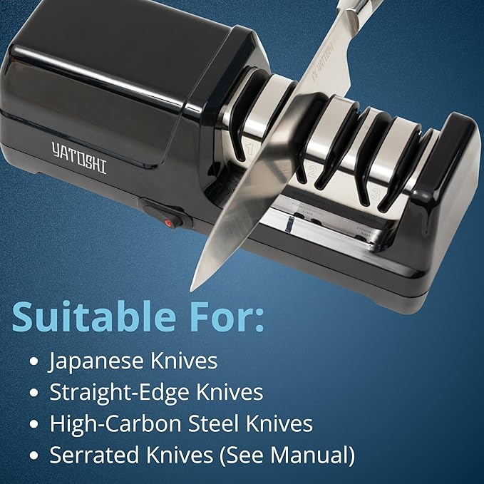 Yatoshi Electric Sharpener, 50-Watt, Diamond Abrasives and Precision Angle Guides, 20-Degree Straight-Edge and Serrated Knives, 3 Stage