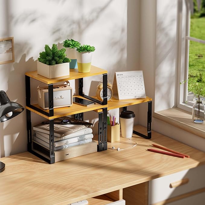 Kitchen Cabinet Organization Shelf，Set of 2 Height Adjustable Storage Racks，Stackable，Expandable，Countertop Shelves Organizer，Pantry Shelving