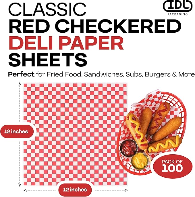 Red Checkered Deli Paper Sheets, 12" x 12" (100 pcs) - USA-Made Premium Food Basket Liners - PFAS-free Grease Resistant Deli Paper Sheets for Food, Snack & Baking Wrap, Picnic & Party by IDL Packaging