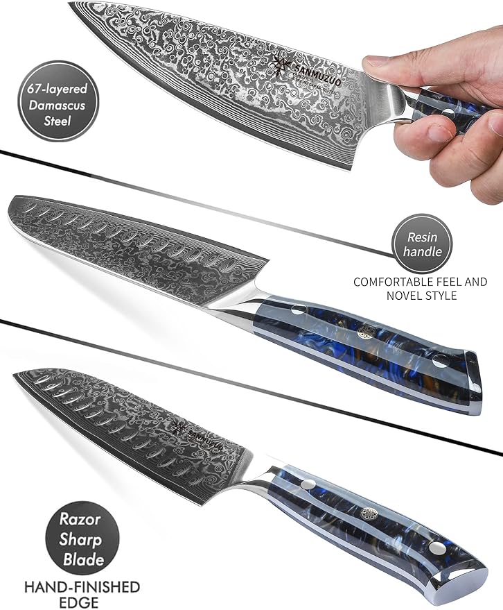 Chef Cooking Knives Set- Kitchen Knife Set of 5 Piece - Ultra-Sharp VG10 Damascus Steel & Resin Handle - Xuan Series (Starry Black)