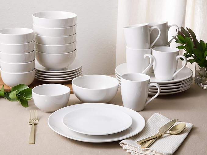 Gibson Home Oslo 8-Piece Dinner Plate Set – Porcelain, Chip & Scratch Resistant, White with Black Rim – Modern Round Plates for Everyday Use & Entertaining