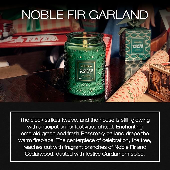 Voluspa Noble Fir Garland, Large Candle Jar, 18oz, Coconut Wax Blend, Christmas Scented Candles for Home, 100 Hour Burn Time, Poured in the USA