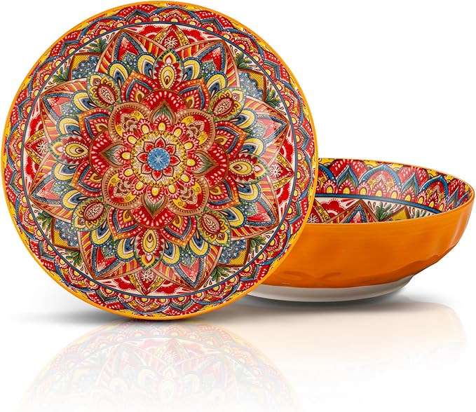 YUN TAO Large Serving Bowls,10 inch Ceramic Bowls, 75 Oz Capacity, Vibrant Orange Hue - Microwave and Dishwasher Safe for Salad, Pasta, Entertaining and Party (Set of 2)