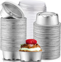 Eaasty 150 Pcs Baking Cups with Lids, 1.6 oz Muffin Cupcake Liners Aluminum Foil Mini Cake Pans Small Disposable Ramekins Flan Containers with Lids for Christmas, Birthday, Various Holiday(Silver)
