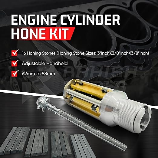 Engine Cylinder Hone Kit 62mm to 88mm Adjustable Handheld Honing Machine Tool Kit with 16 Stones Sizes 3" x3/8" x3/8" - Works for Mid-Size to Larger Car Engines