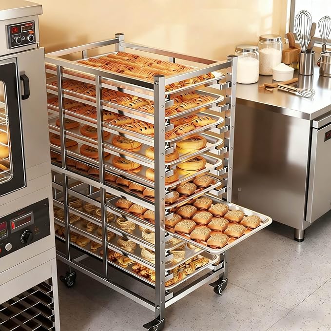 Bun Pan Rack, Commercial Bakery Sheet Rack with Brake Wheels, 10-Tier Stainless Steel Baking Tray Food cart ，for Bakeries Restaurant & Catering（Trays Not Included） ﻿ (10 Tier)