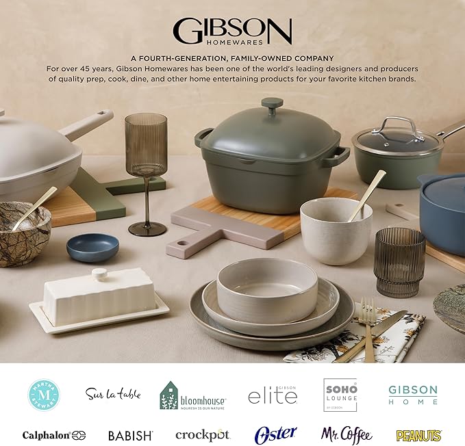 Gibson Elite Matisse 16-Piece Double Bowl Dinnerware Set – Service for 4, Taupe Stoneware Plates and Bowls
