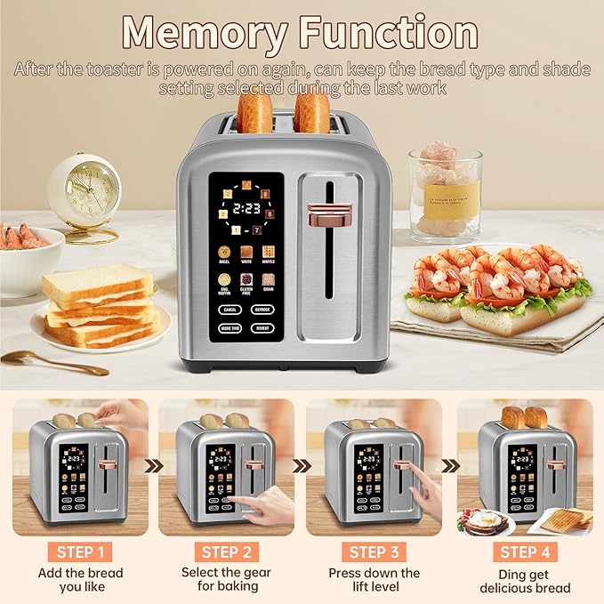 SEEDEEM Toaster 2 Slice, Touch Control Stainless Toaster LCD Display, 50% Faster Heating Speed, 1.4'' Wide Slots, More Timer Functions, Removable Crumb Tray, 1350W, Silver White