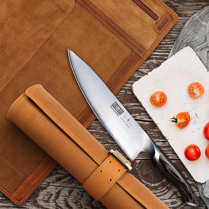 ELIZO Leather Knife Roll Bag Professional Chef Knife Case, Durable Knife Sheath Holder, Cooks & Culinary Tools Carrying Storage, Portable Knife Wrap - 4 Slots (Acron)