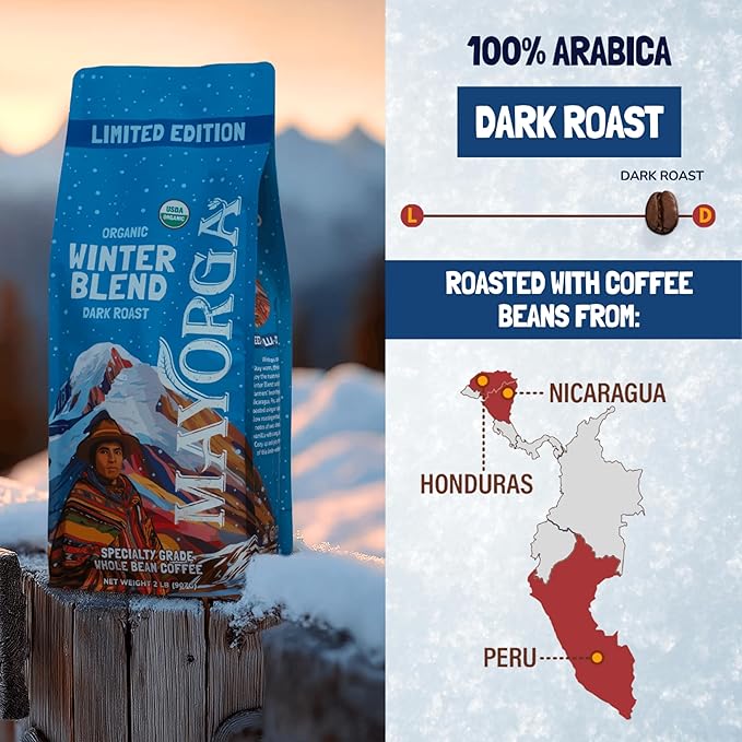 Mayorga Seasonal Dark Roast Coffee, 2 lb bag - Winter Blend Coffee Roast - 100% Arabica Whole Coffee Beans - Bold & Smooth Organic Coffee - Specialty Grade, Non-GMO, Direct Trade, Kosher