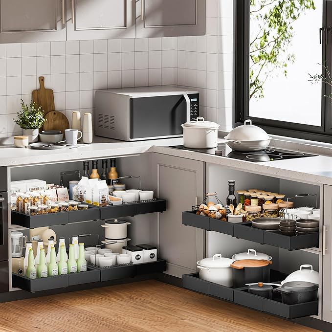 1 Pack Pull Out Drawers for Cabinets, Slide Out Drawer Expandable Width (12"-19") and Depth (17"-23") With 3 Slides, Fixed with Adhesive Film & Nail for Cabinets in Kitchen, Pantry or Bathroom - Black