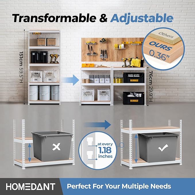 HOMEDANT 5 Tier Laminated White Boltless Metal Shelving Unit Adjustable Garage Storage Utility Rack Heavy Duty Shelves Organization Multipurpose Shelf Warehouse Pantry 28" W x 12.3" D x 59.5" H 1Pack
