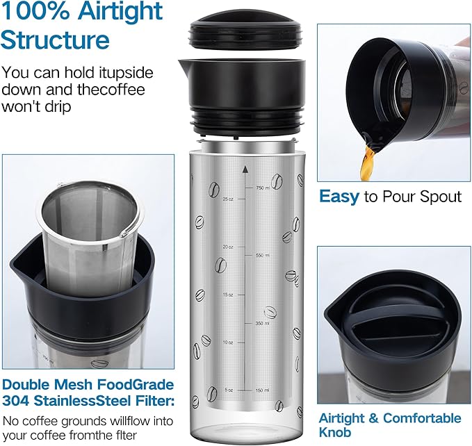 25oz Cold Brew Coffee Maker 4 Cup Capacity Tea Maker, Iced Coffee Pot, Cold Heat Resistant Borosilicate Glass Carafe, Stainless Steel Mesh Filter Basket and Black Freshness Lid